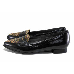 Черни анатомични дамски обувки с равна подметка, лачена естествена кожа - всекидневни обувки за есента и зимата N 100024626