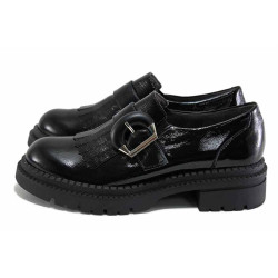 Черни анатомични дамски обувки с равна подметка, лачена естествена кожа - ежедневни обувки за есента и зимата N 100024640