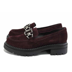 Винени анатомични дамски обувки с равна подметка, естествен велур - всекидневни обувки за есента и зимата N 100024641