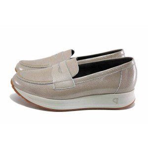 Бежови спортни анатомични дамски обувки, лачена естествена кожа - всекидневни обувки за есента и зимата N 100024643