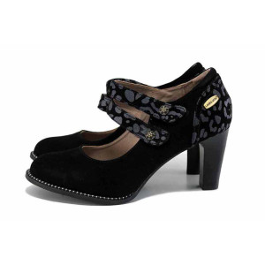 Черни анатомични дамски обувки с висок ток, естествен велур - елегантни обувки за есента и зимата N 100024706