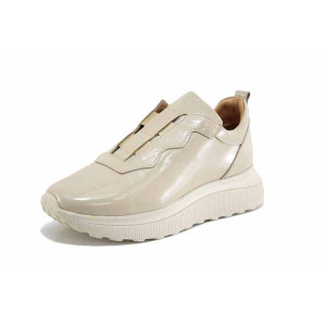 Бежови спортни анатомични дамски обувки, лачена естествена кожа - спортни обувки за есента и зимата N 100024756