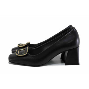 Черни дамски обувки със среден ток, естествена кожа - елегантни обувки за есента и зимата N 100024934