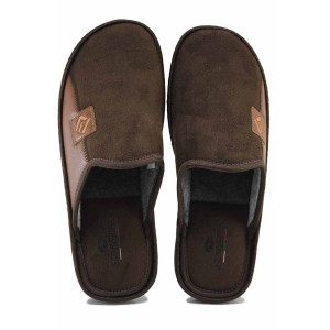 Кафяви домашни чехли, еко-кожа и текстилна материя - равни обувки за есента и зимата N 100024674