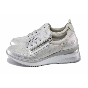 Сребристи спортни дамски обувки, еко-кожа и текстилна материя - всекидневни обувки за пролетта и лятото N 100024101