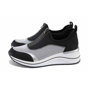 Черни анатомични дамски маратонки, еко-кожа и текстилна материя - спортни обувки за пролетта и лятото N 100024433