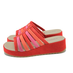 Червени дамски чехли, естествен велур - ежедневни обувки за лятото N 100024454