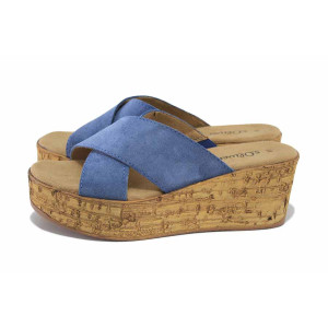 Сини анатомични дамски чехли, естествен велур - всекидневни обувки за лятото N 100024575