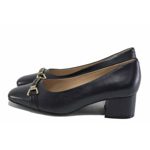 Тъмносини анатомични дамски обувки със среден ток, естествена кожа и лачена естествена кожа  - всекидневни обувки за пролетта и лятото N 100024579
