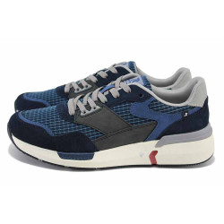 Сини мъжки анатомични маратонки, естествена кожа и текстилна материя - спортни обувки за пролетта и лятото N 100024608