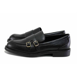 Черни анатомични дамски обувки с равна подметка, здрава еко-кожа - всекидневни обувки за есента и зимата N 100024691