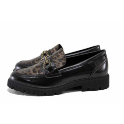 Кафяви анатомични дамски обувки с равна подметка, лачена еко кожа - всекидневни обувки за есента и зимата N 100024710