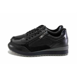 Черни анатомични дамски обувки с равна подметка, естествена кожа и еко-кожа - спортни обувки за есента и зимата N 100024715