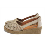Бежови дамски обувки с равна подметка, естествена кожа перфорирана - ежедневни обувки за пролетта и лятото N 100025303