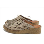 Бежови дамски чехли, естествена кожа перфорирана - ежедневни обувки за пролетта и лятото N 100025305
