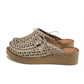 Бежови дамски чехли, естествена кожа перфорирана - ежедневни обувки за пролетта и лятото N 100025305