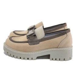 Бежови дамски обувки с равна подметка, естествена кожа - всекидневни обувки за пролетта и лятото N 100025380