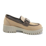 Бежови дамски обувки с равна подметка, естествена кожа - всекидневни обувки за пролетта и лятото N 100025380