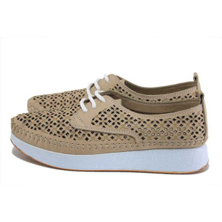 Бежови дамски обувки с равна подметка, естествена кожа - всекидневни обувки за пролетта и лятото N 100025373