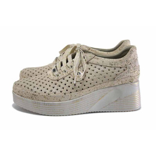 Бежови дамски обувки с платформа, естествена кожа перфорирана - ежедневни обувки за пролетта и лятото N 100025424
