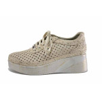 Бежови дамски обувки с платформа, естествена кожа перфорирана - ежедневни обувки за пролетта и лятото N 100025424