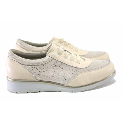 Бежови дамски обувки с равна подметка, естествена кожа и текстилна материя - всекидневни обувки за пролетта и лятото N 100025461
