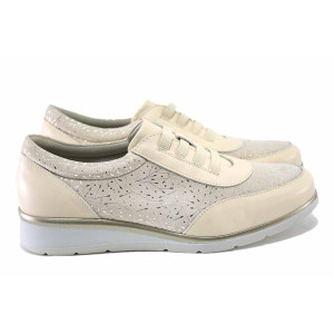 Бежови дамски обувки с равна подметка, естествена кожа и текстилна материя - всекидневни обувки за пролетта и лятото N 100025461