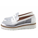 Сребристи дамски обувки с равна подметка, естествена кожа - ежедневни обувки за пролетта и лятото N 100025462