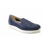 Сини дамски обувки с равна подметка, естествена кожа и текстилна материя - всекидневни обувки за пролетта и лятото N 100025463