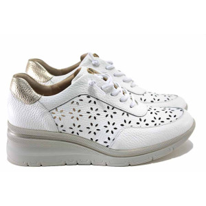 Бели дамски обувки с платформа, естествена кожа перфорирана - всекидневни обувки за пролетта и лятото N 100025465