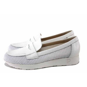 Бели дамски обувки с равна подметка, естествена кожа и текстилна материя - ежедневни обувки за пролетта и лятото N 100025464