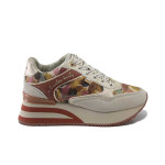 Бежови дамски маратонки, естествена кожа и текстилна материя - спортни обувки за пролетта и лятото N 100025241