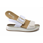 Бели дамски сандали, естествена кожа и текстилна материя - всекидневни обувки за лятото N 100025500
