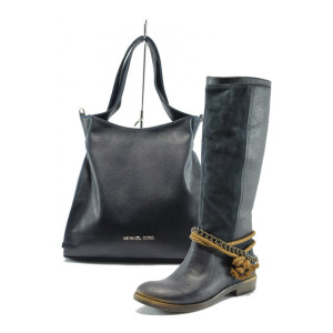 Сини дамски ботуши и чанта комплект МИ 6000 и СБ 1131 синKP