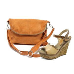 Дамски сандали и чанта комплект МИ 5348 св.кафе + ИО 28 оранжKP