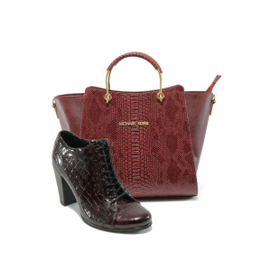 Дамски обувки и чанта комплект в бордо МИ 800-3591 и СБ 1143 бордо анакондаKP