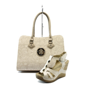 Дамски сандали и чанта комплект бежови СБ 1124 + Jump 5108KP