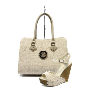 Бежови дамски сандали и чанта комплект МИ 150-1949 + СБ 1124KP