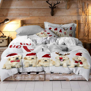 Коледен памучен спален комплект двоен Puppy