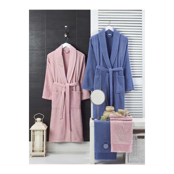 Памучен сет за баня халати с кърпи Розово и Синьо