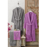 Памучен сет за баня халати с кърпи в сиво и лилаво