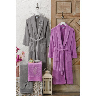 Памучен сет за баня халати с кърпи в сиво и лилаво