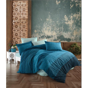 Памучен спален комплект в синьо райе 