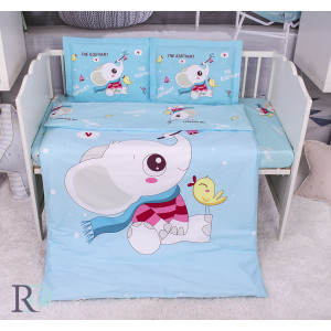 Бебешки спален комплект Слонче и птиче - синьо