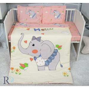 Бебешки спален комплект Слонче и птиче - розово