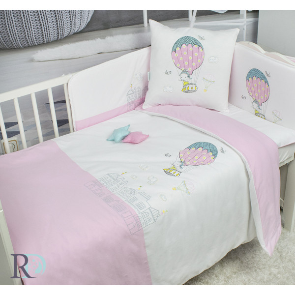 Памучен бебешки спален комплект с чаршаф с ластик - Розови балони